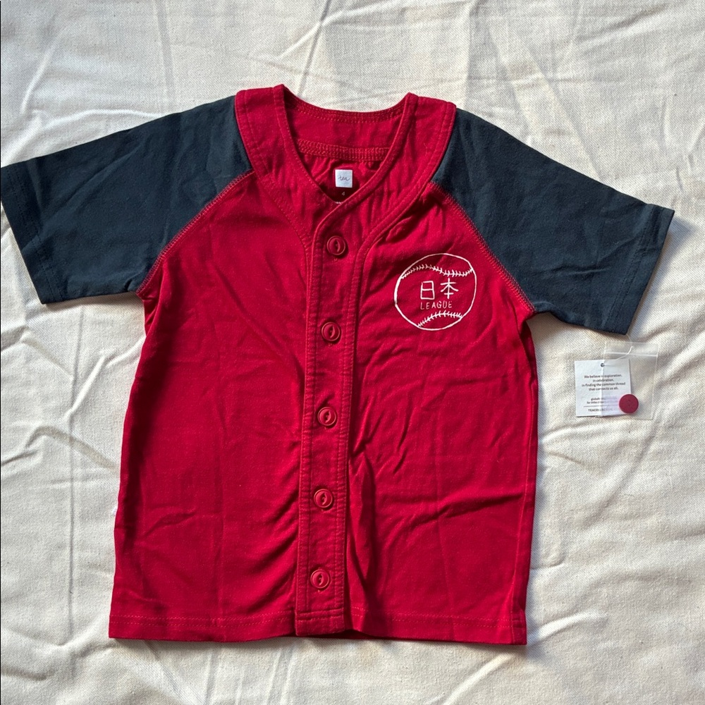 Tea Collection Red and blue baseball Button Down Kids Shirt Japan Yokohama 4T